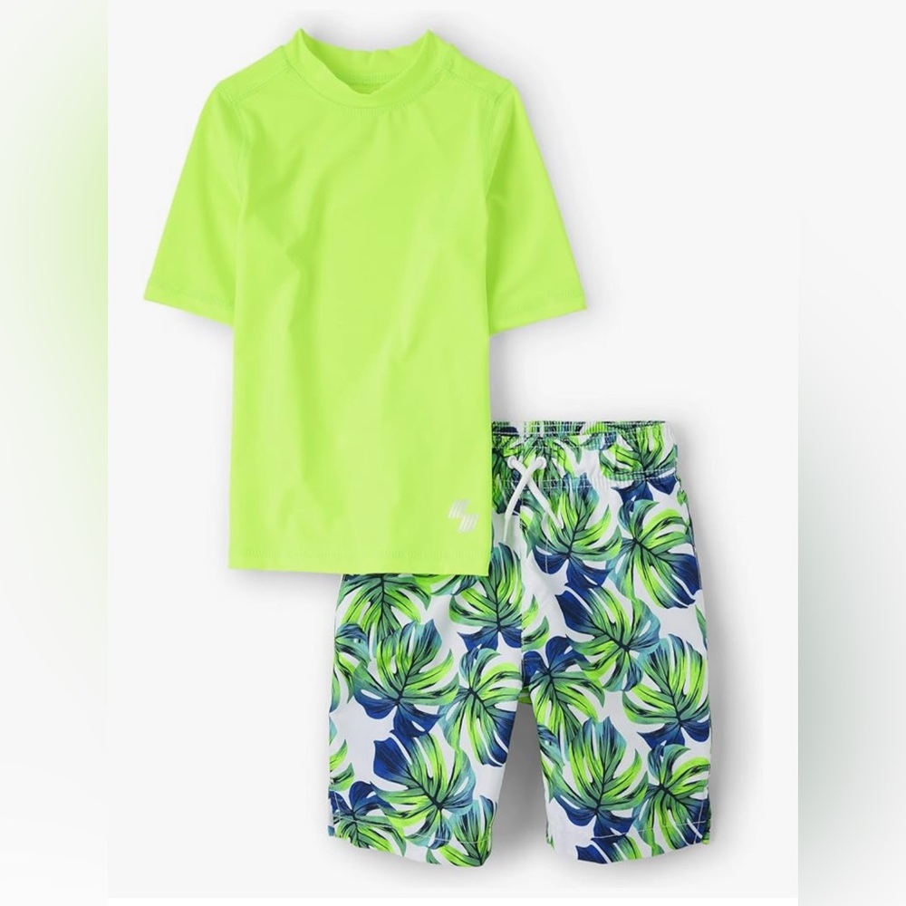 Neon Green Rashguard Swim Set with Tropical Leaf Print